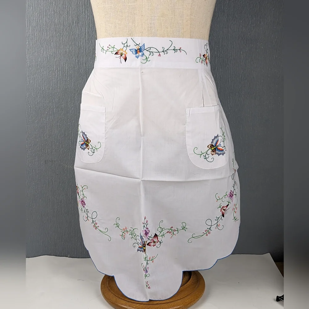 Butterfly Embroidered Cotton Linen Half Apron White Butterflies - Picture 1 of 6